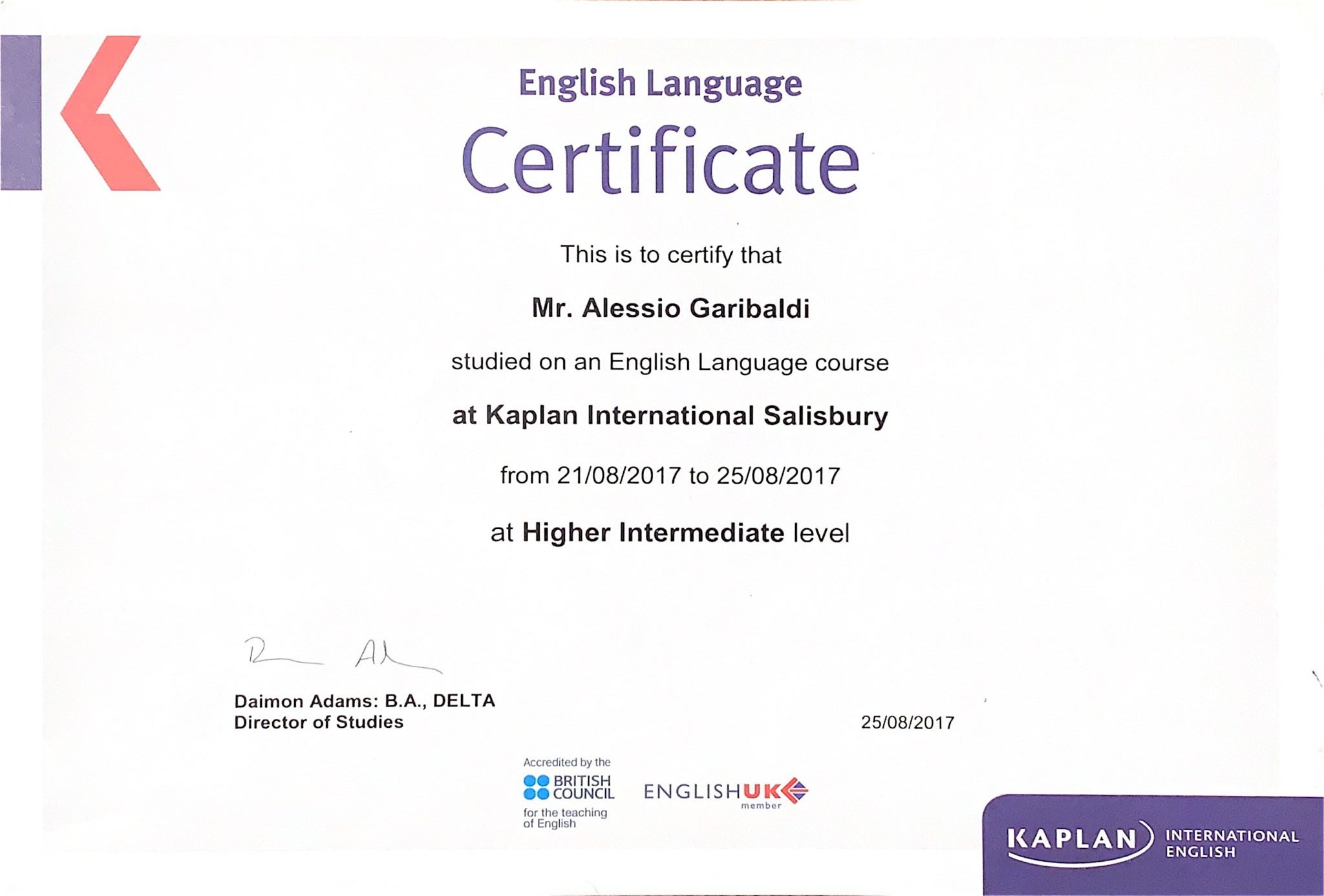 Kaplan University Certificate - Alessio Garibaldi