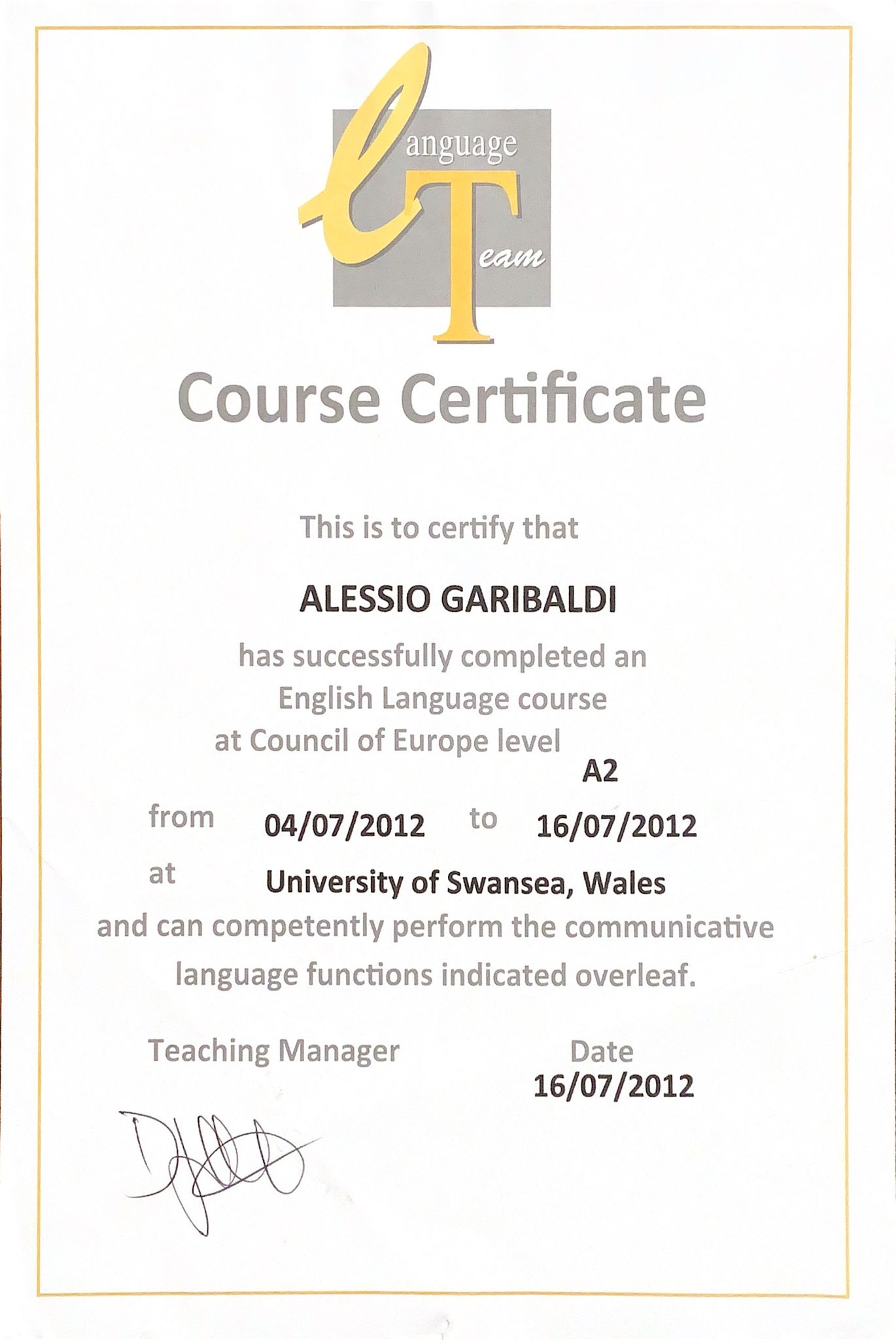 Language Team Certificate - Alessio Garibaldi