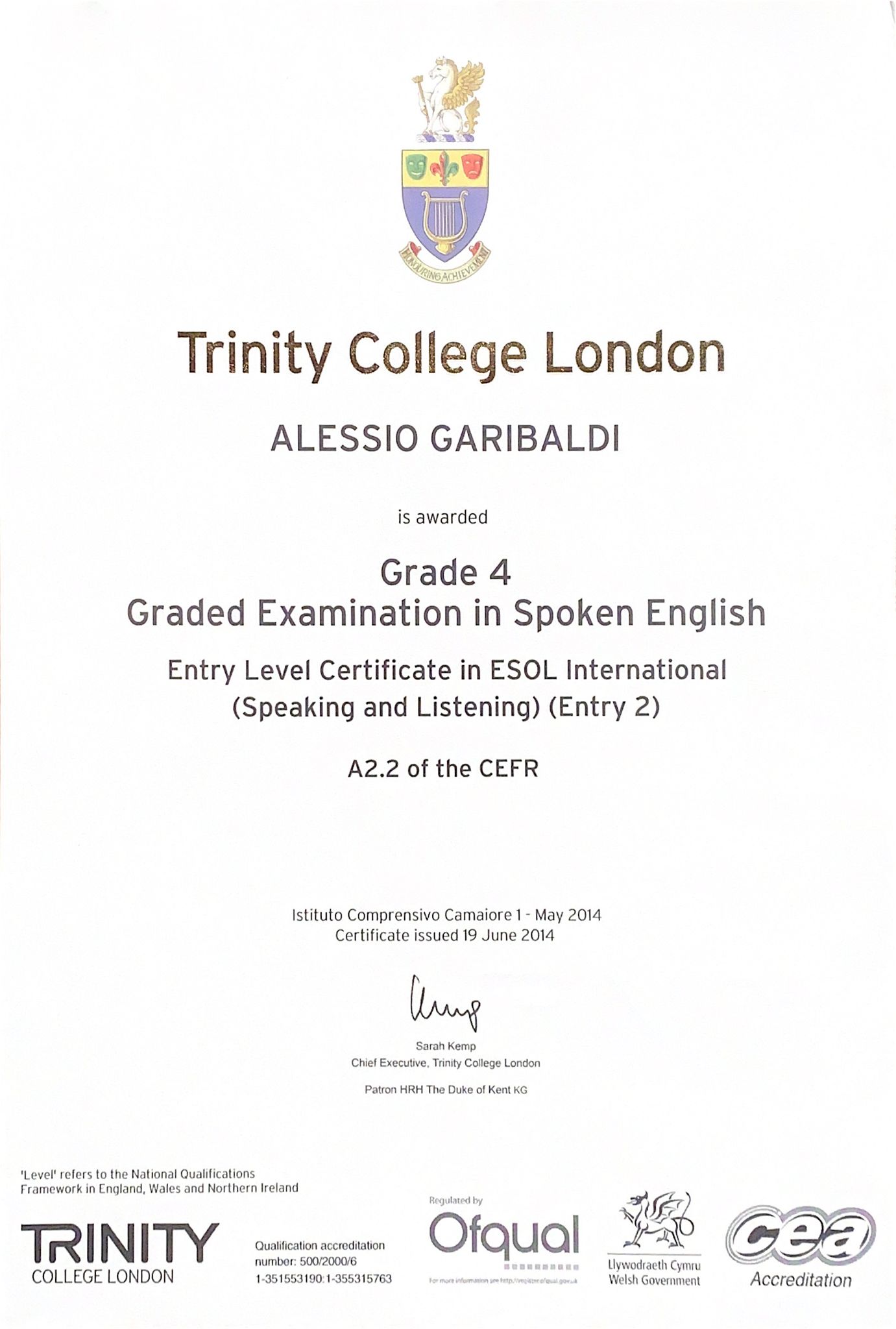 Trinity College Certificate - Alessio Garibaldi